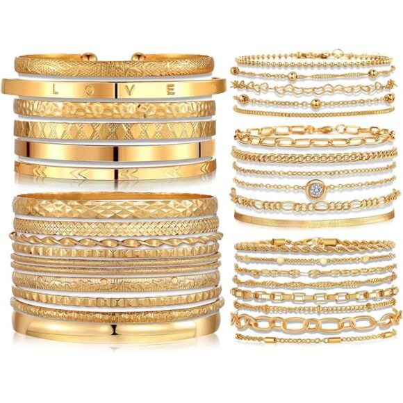 6 PACK (24 PCS) Boho Gold Chain Bracelets Set for Women, 14K Gold Plated - Picture 1 of 8